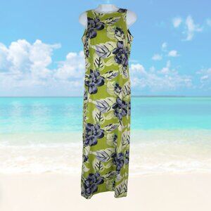Tommy Bahama Hawaiian Dress Silk Maxi Size 4 Green Blue Floral Sheath MuuMuu